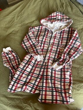 Fabletics Plaid Hooded Zip Onesie Pajamas - Red, Black & White